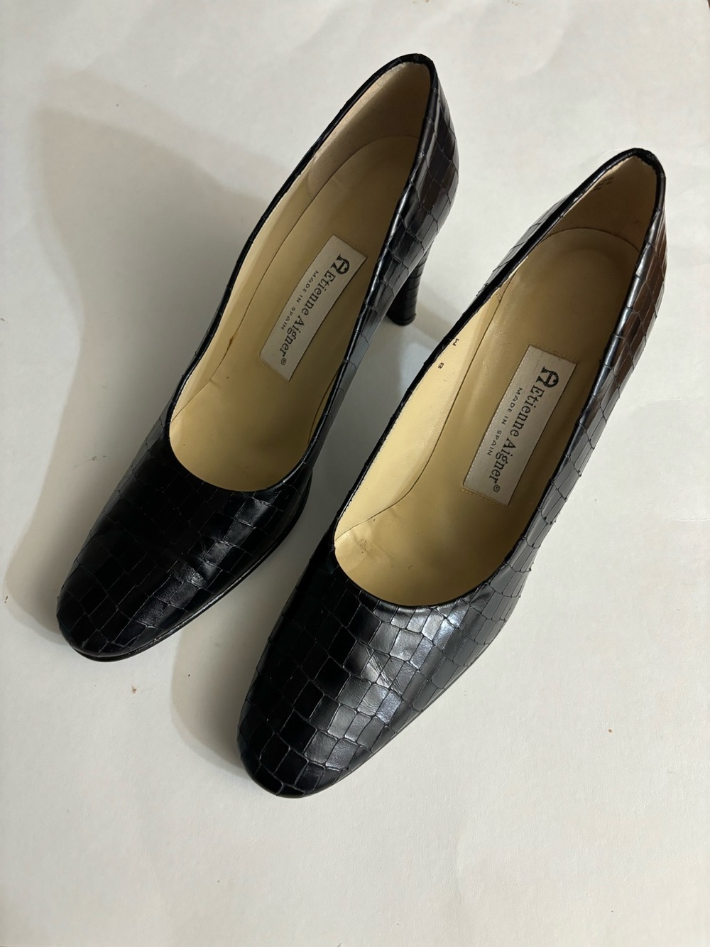 Etienne Aigner Black Croc Embossed 3”Block Leather Heels Size 8M